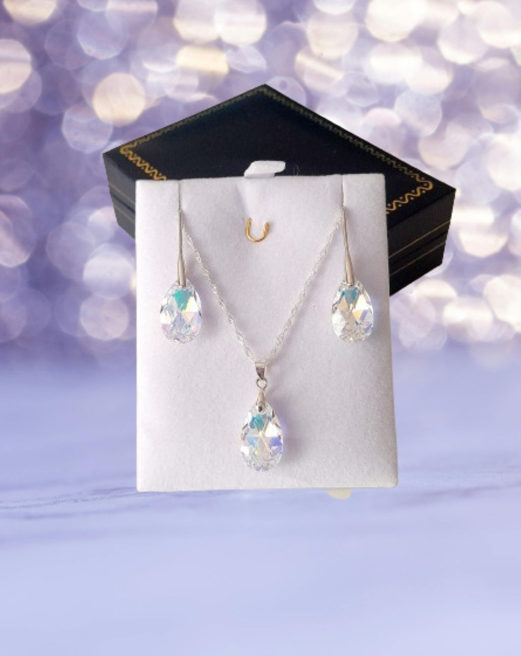 Conjunto gota tornasol de plata 925  y cristales austriacos